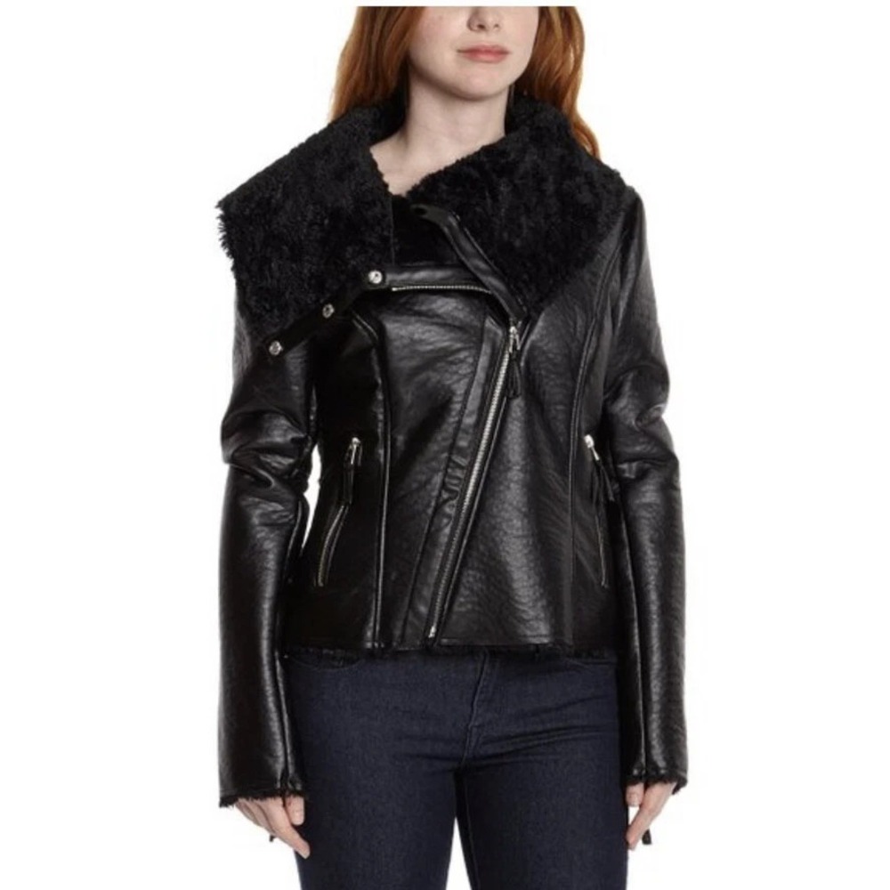 bebe Faux Shearling Moto Jacket Womens M‎ Black Faux Leather Biker Chic